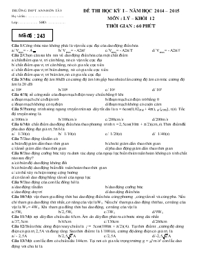 Đề thi học kỳ I  Năm học 2014  2015 môn  Lý  Khối 12 thời gian  60 phút